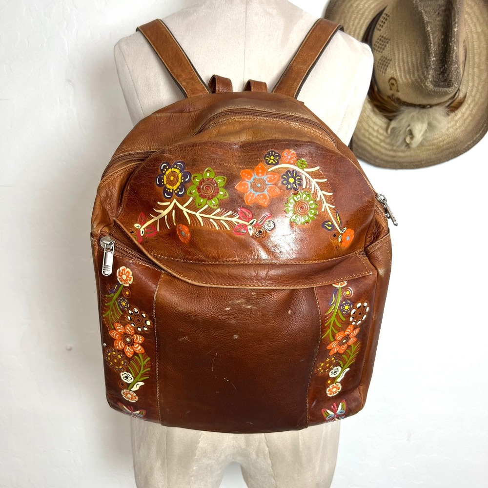 VTG Tooled Leather Backpack Hand Paint Floral Boho western Festival Travel Bag